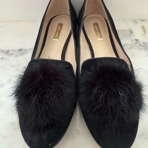Louise Et Cie Women's Suede Loafer Genuine Rabbit Fur Pom Pom Size 8.5  Black